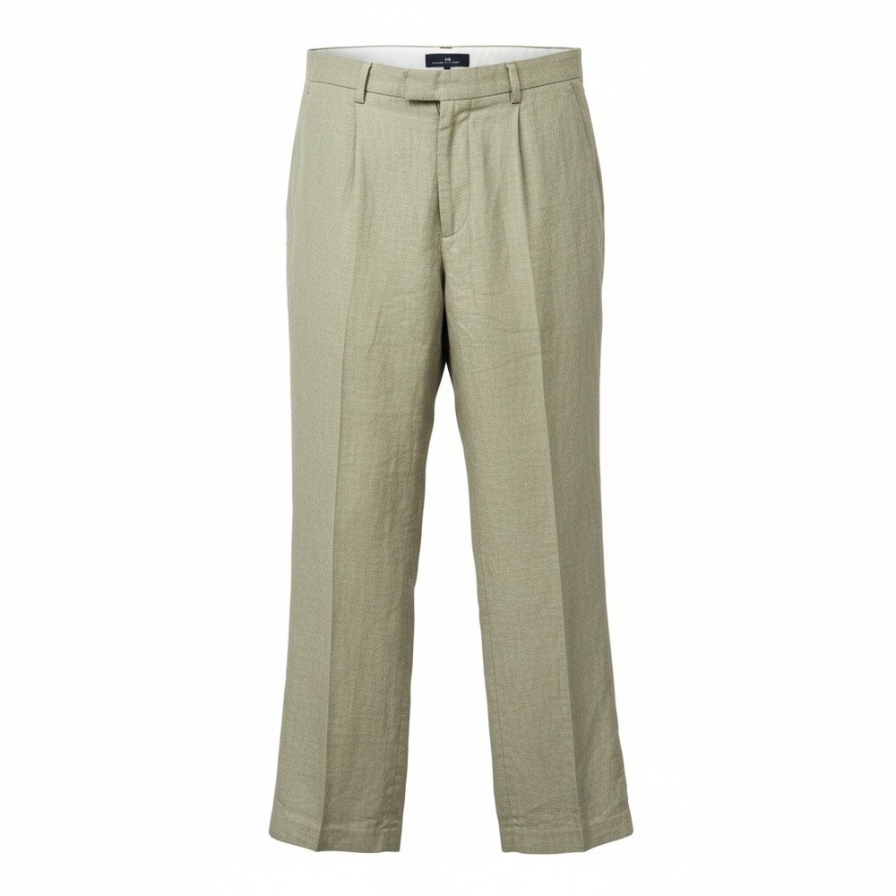 H&M Mens Relaxed Fit 100% Linen Pleated Trousers Tan 30R Neutral Minimalist Chic - Picture 2 of 9